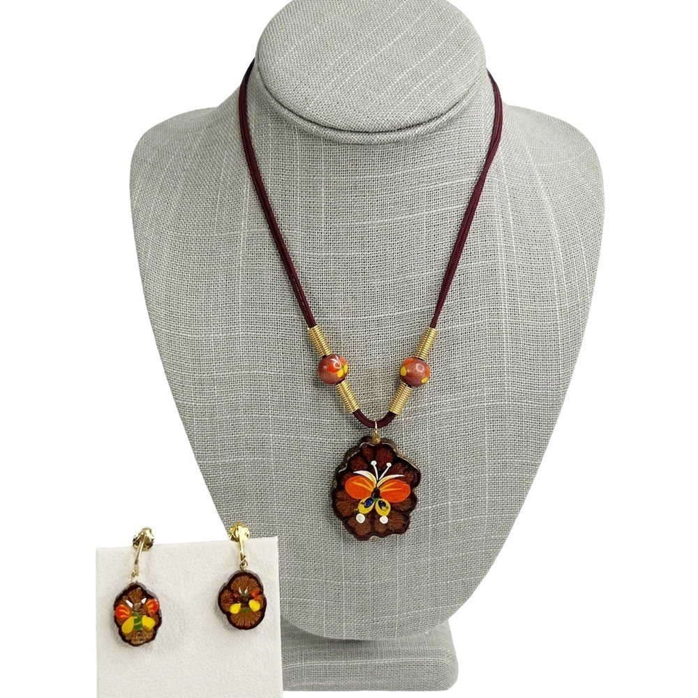 Vintage Wooden Hand Painted Butterfly Necklace & Clip On Earrings